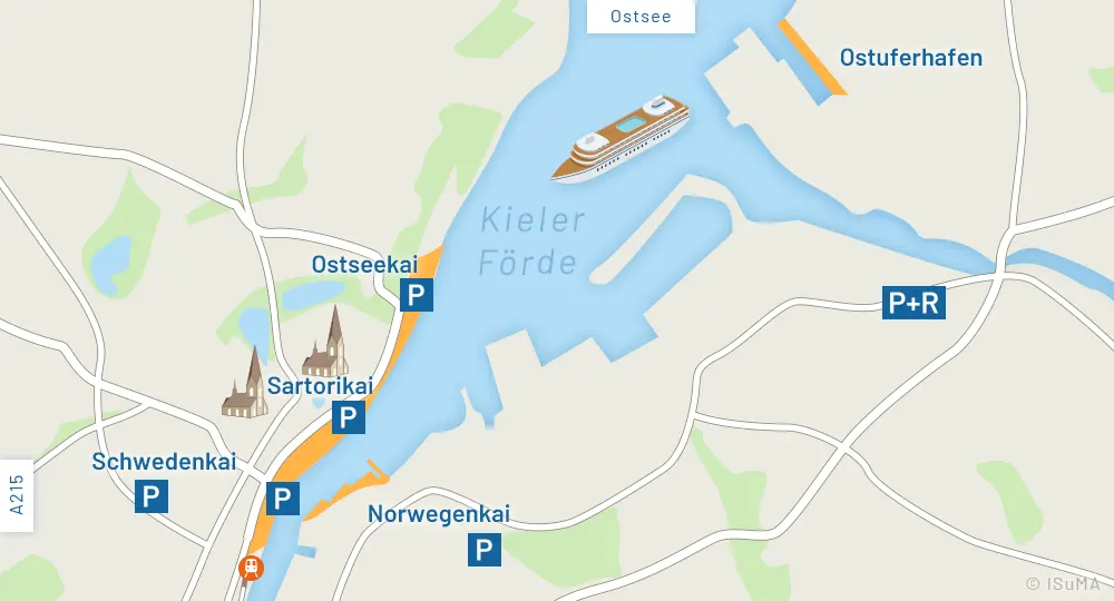 Karte Liegeplätze Kreuzfahrtschiffe in Kiel